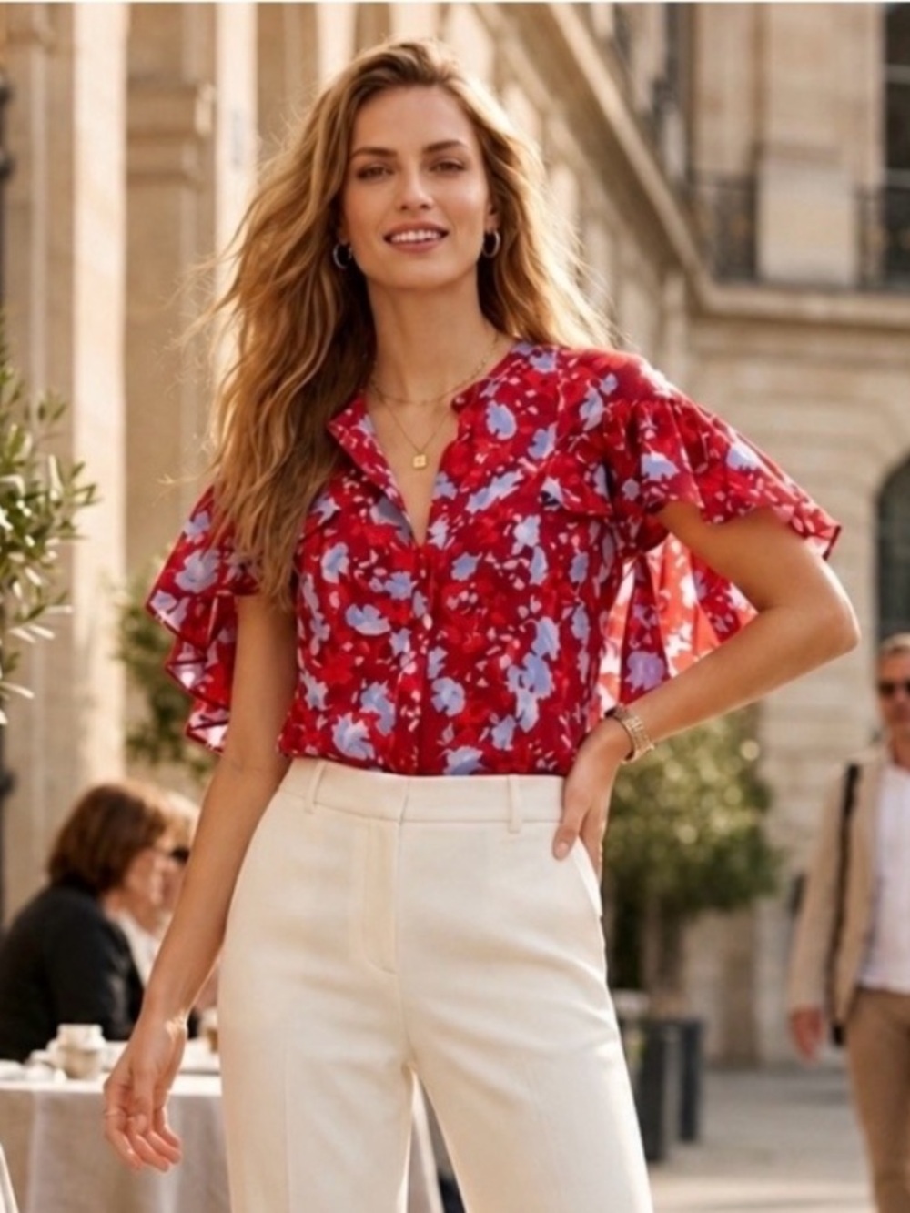 Alexis Danijela 100% Silk Red Floral Button Front Cape Blouse Size Medium